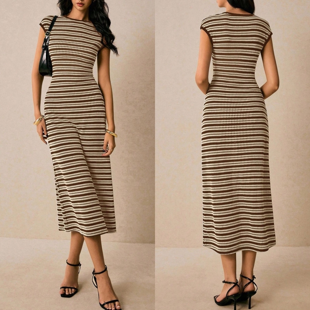 Striped Brown and Cream Midi Dress